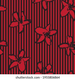 Red Floral tropical botanical seamless pattern with striped background for fashion textiles and graphics