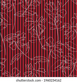 Red Floral tropical botanical seamless pattern with striped background for fashion textiles and graphics