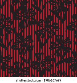 Red Floral tropical botanical seamless pattern with striped background for fashion textiles and graphics