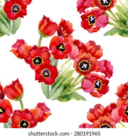 Red floral tulips seamless pattern on white background vector illustration