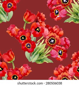 Red floral tulips seamless pattern on vinous background vector illustration