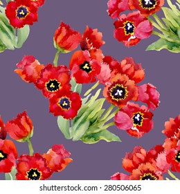 Red floral tulips seamless pattern on purple background vector illustration