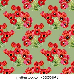 Red floral tulips seamless pattern on green background vector illustration
