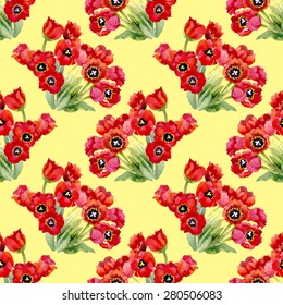 Red floral tulips seamless pattern on yellow background vector illustration