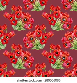 Red floral tulips seamless pattern on brown background vector illustration