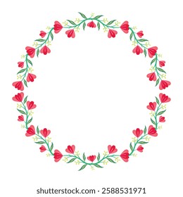 Red Floral Wreath with Green Leaves Elegant Hand-Drawn Frame