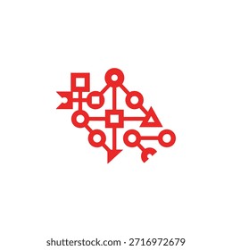 Red flowchart diagram, network connection, geometric shapes, arrows, process flow, business strategy, isolated on transparent