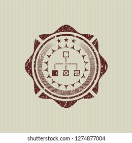 Red flowchart icon inside distress grunge seal