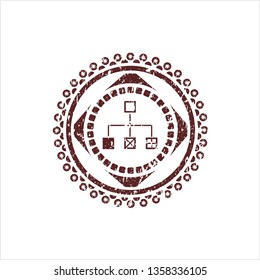 Red flowchart icon inside distress rubber seal