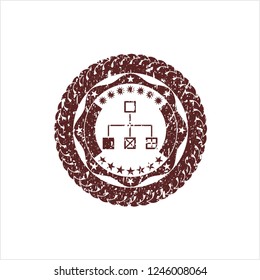 Red flowchart icon inside distressed rubber stamp with grunge texture
