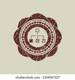 Red flowchart icon inside distressed rubber seal with grunge texture