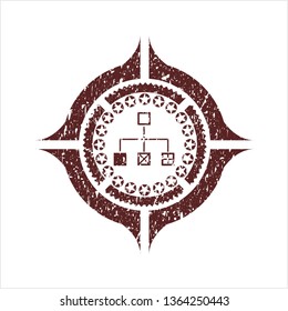 Red flowchart icon inside distressed with rubber seal texture