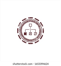 Red flowchart icon inside distressed grunge style stamp