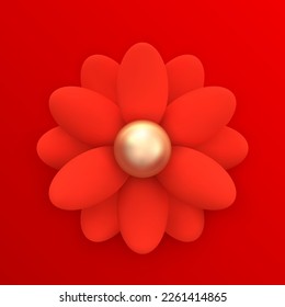 Red flower. Abstract chamomile, daisy flower. Realistic 3d design decoration element in matte plastic cartoon style. Icon isolated on white. For holiday banners and designs. 3D Vector illustration
