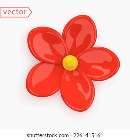 Red Flower. Abstract minimal 5 leaf chamomile flower. Realistic 3d cartoon design element in glossy plastic. Porcelain flower figurine. Icon isolated on white background. 3d Render Vector illustration