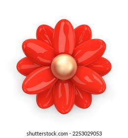 Flor roja. Resumen de manzanilla mínima, flor de margarita. Diseño realista 3d elemento decorativo en lustroso estilo de dibujos animados de plástico aislado en blanco. Para banners y diseños de vacaciones. Ilustración del vector 3D