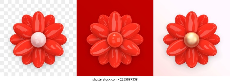 Red flower. Abstract minimal chamomile, daisy flower. Realistic 3d design element in glossy plastic style isolated on transperent, red, white background. 3D Vector illustration