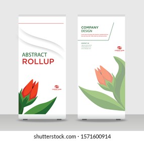 Red flower Abstract Shapes Modern Exhibition Advertising Trend Business Roll Up Banner Stand Poster Brochure flat design template creative concept. Red flower Roll Up EPS. Presentation Cover
