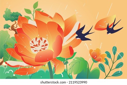 A red flower is among the plants, swallows are flying in the air, vector illustration