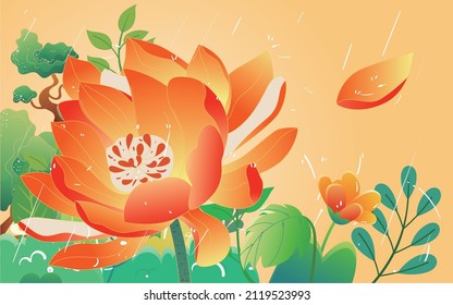 A red flower is among the plants, swallows are flying in the air, vector illustration