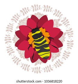 red flower with bee natural decoration round frame leaves