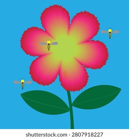 Red Flower and Bees in Blue Sky Illustration