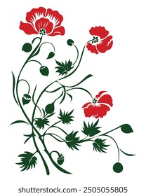 Red Flower Blooms. Poppy Flowers Vector Illustration