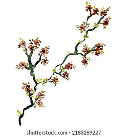 Rote Blumenblüten auf dünnen Ast Aquarellpinsel streichelt chinesische Tinte Waschstil Vektorgrafik, dekorative Frühlingsnatur Pflanze für Business-Grenze Logo künstlerische Illustration Design.  