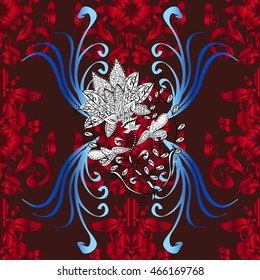 red flower and blue and white pattern, seamless background. Vector illustration.