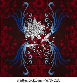 red flower and blue and white pattern, seamless background. Vector illustration.