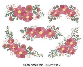 Red flower bouquet arrangement with yellow flower element set of wildflowers, leaf branches.