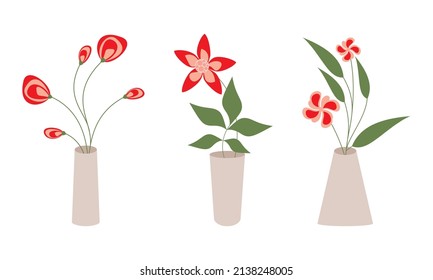 Flor roja ramo de jarrón aislado en blanco. Elemento de diseño floral mínimo. Ilustración vectorial botánica para impresión, fondo o tarjeta.