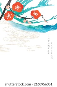 Red flower branch decoration with crane birds illustration  banner in vintage style. Abstract art background with watercolor texture vector in Japanese style. 