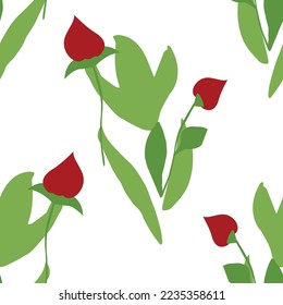 Red flower bud, leaves and twig seamless pattern.