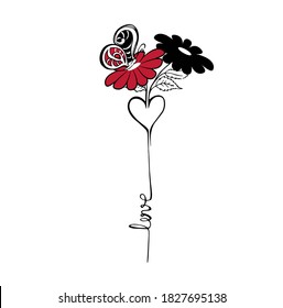 Red flower with butterflies. The stem of the flower is in the shape of the word 'love'. Background for valentines