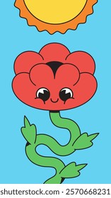 Red flower cartoon character with a sun over his head hand drawn retro vector illustration ideal for gardening themes and children's illustrations