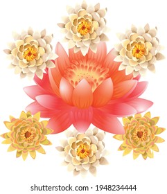 Red flower in the center surrounded by delightful yellow and white orchids