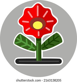 Red flower in circle logo or design element against white background.