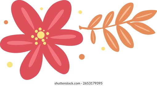 Flor vermelha com folhas de laranja agrupadas, ideal para ilustrações sazonais alegres ou elementos de layout botânico.