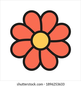 Red flower color flat icon with stroke isolated on white background. Flower vector icon for web, mobile, app and ui design