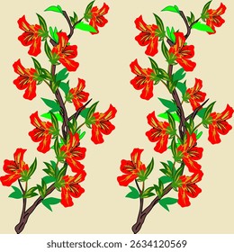 Red flower continuous fabric pattern with black branches on a yellow background.