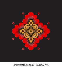 Red Flower Decor Round Shape black background. Abstraction. Vector.