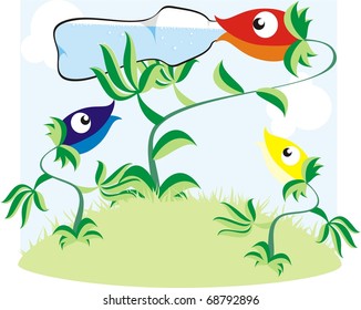 A red flower drinking from a bottle of water with two flowers blue and yellow looking on color vector illustration