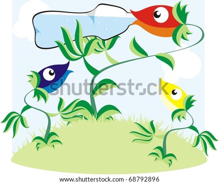 A red flower drinking from a bottle of water with two flowers blue and yellow looking on color vector illustration