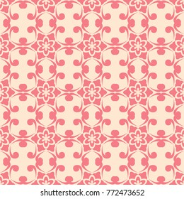 Red flower elements on beige background. Seamless pattern for textile and wallpapers