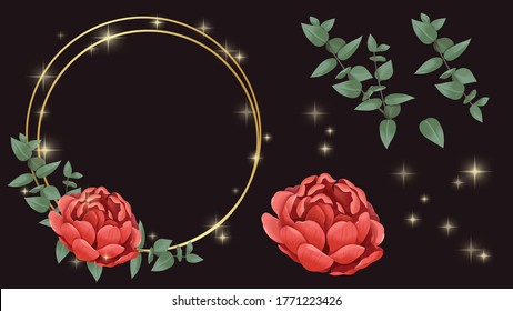 Red flower in gold circle frame with sparkles, vector illustration, Flowers can be disassembled for decoration. dark color background. Vector illustration. 