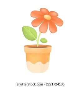 Red flower with green leaf on stem growing in pot 3D icon. Flowerpot with summer or spring blossom, flowering plant 3D vector illustration on white background. Houseplant, room decoration concept