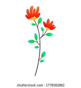 Red flower and green leaf vector illustration. Floral design with vibrant color isolated on white background