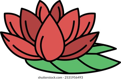 A red flower with green leaves is drawn in a cartoon style. The flower is the main focus of the image, and the green leaves provide a contrasting background. Scene is cheerful and playful