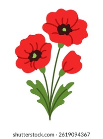 A red flower with green leaves. The flower is in the middle of the image